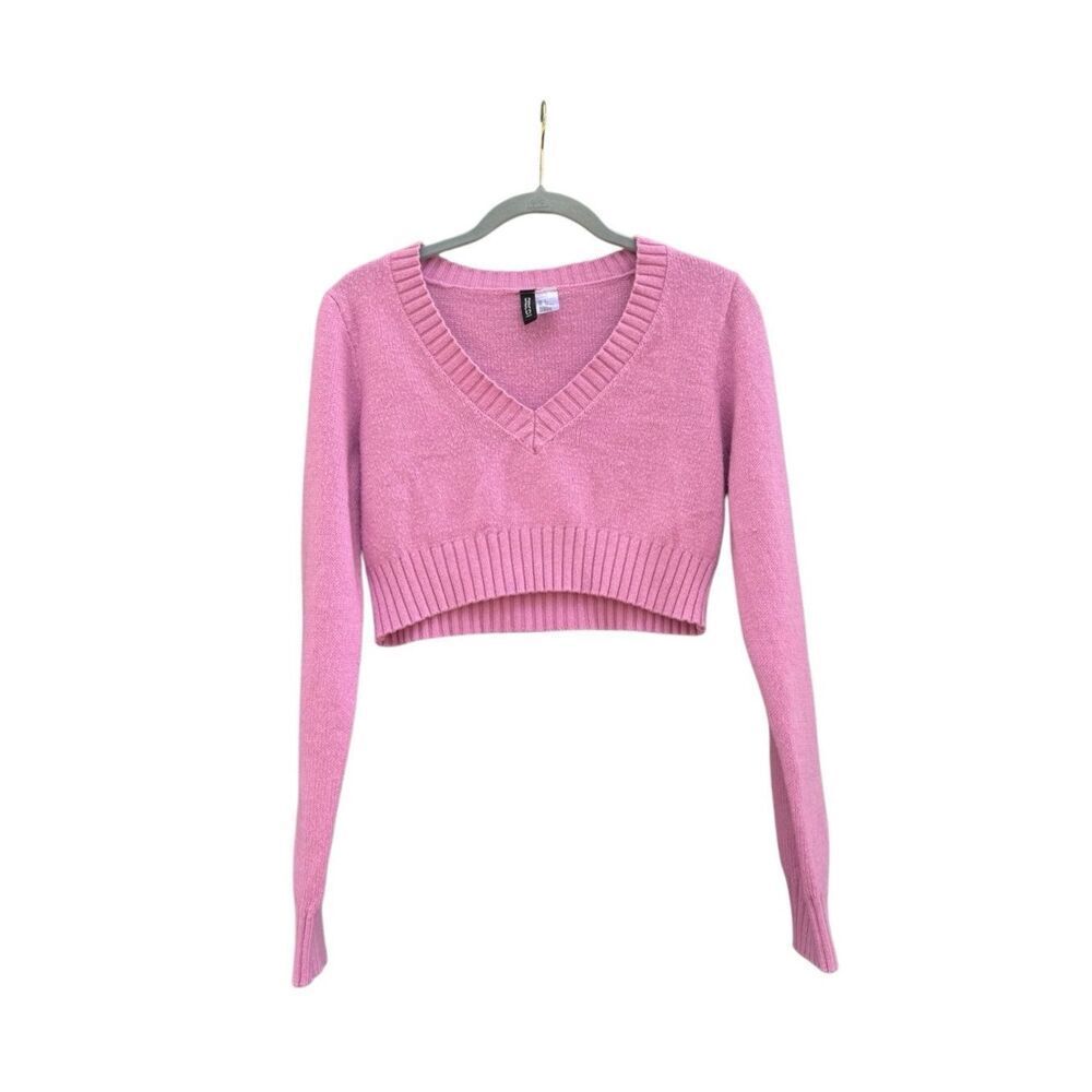 H&M Divided Women's V Neck Knit Cropped Pullover Sweater in Pink Size Small